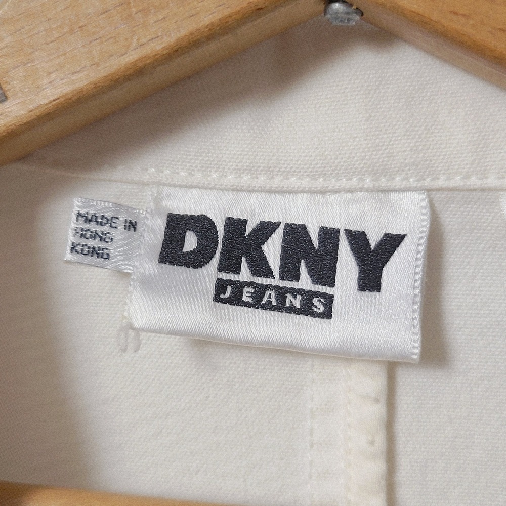 Vtg 90s DKNY Jeans Blazer Small Cream Cotton Longline Sporty Prep Crest - Picture 4 of 12